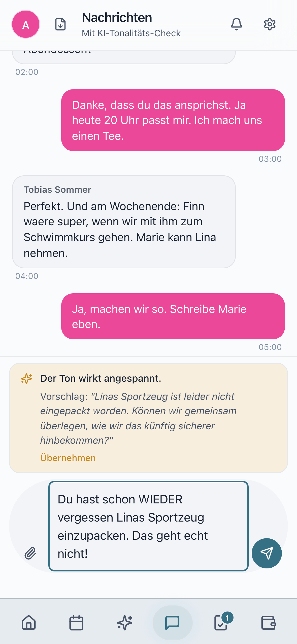 Chat mit KI-Tonfall-Vorschlag: die App schlaegt eine sachlichere Formulierung vor, bevor die Nachricht gesendet wird